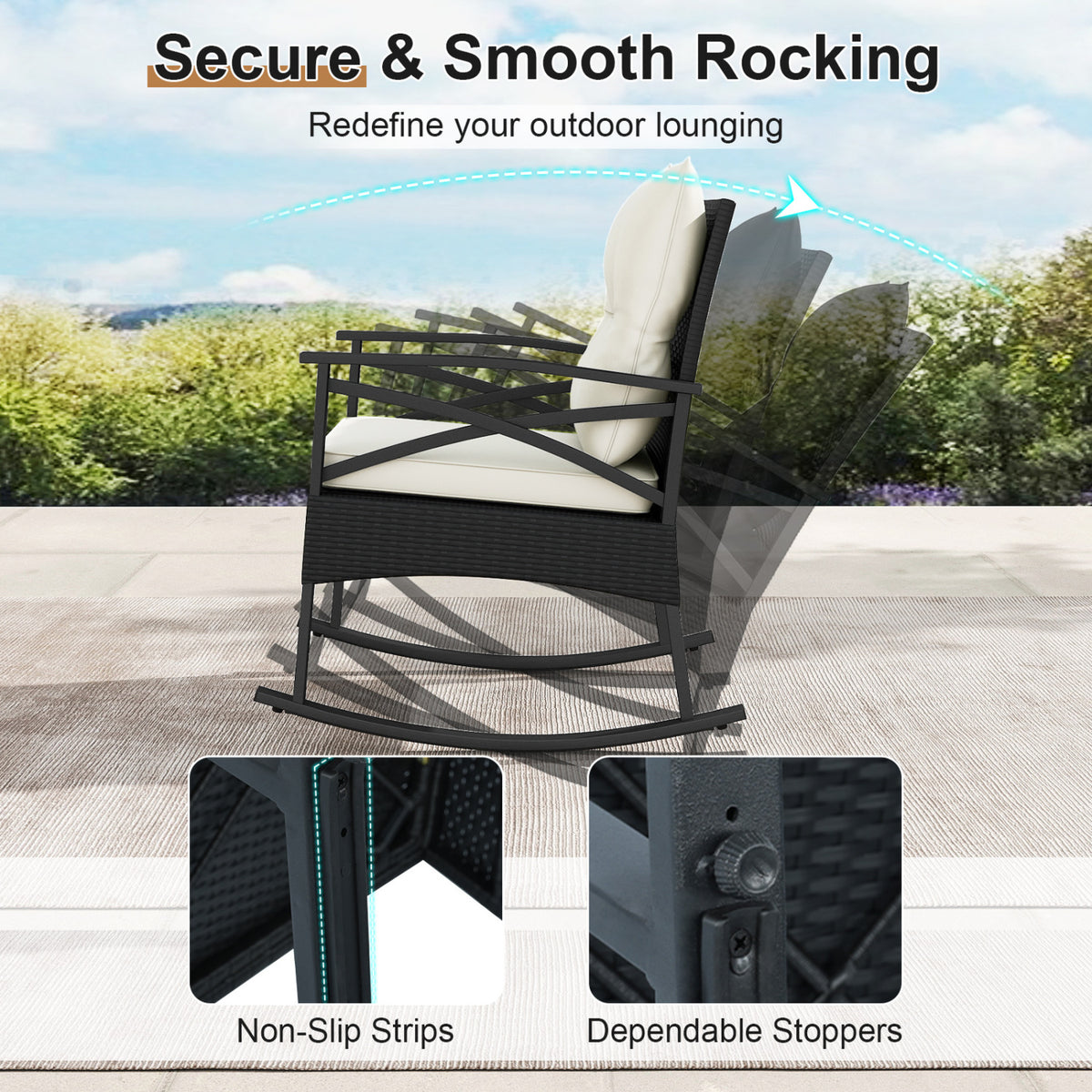 3 Pieces Outdoor Rattan Rocking Chairs Set with  2-Tier Side Table for Garden Backyard-White