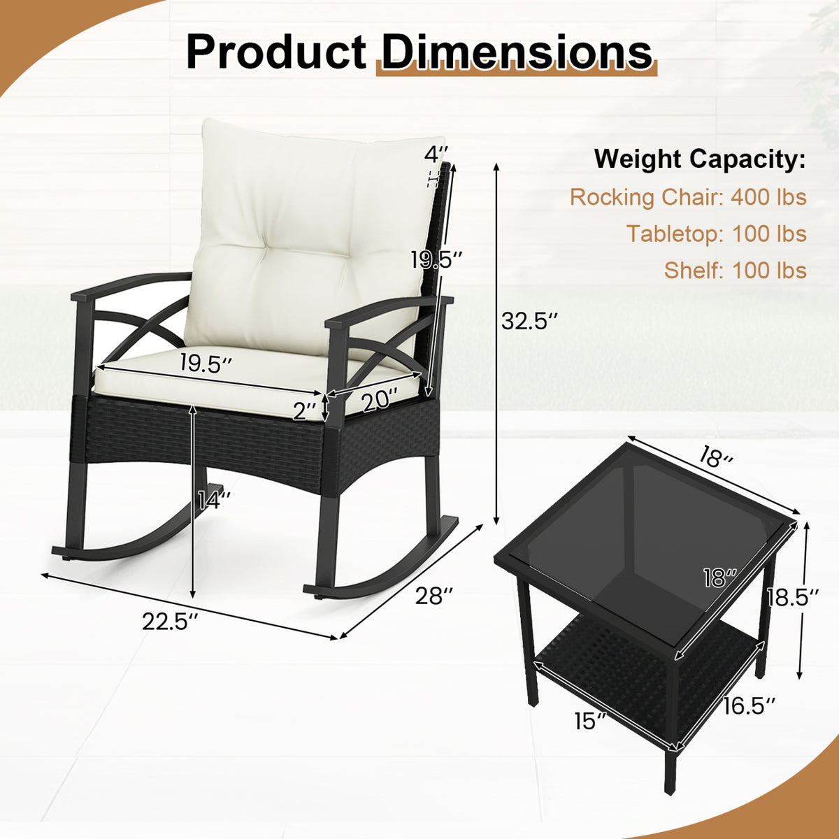 3 Pieces Outdoor Rattan Rocking Chairs Set with  2-Tier Side Table for Garden Backyard-White