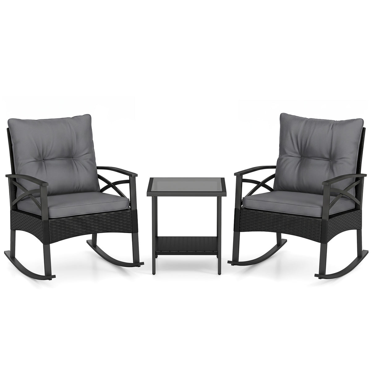 3 Pieces Outdoor Rattan Rocking Chairs Set with  2-Tier Side Table for Garden Backyard-Black and Gray
