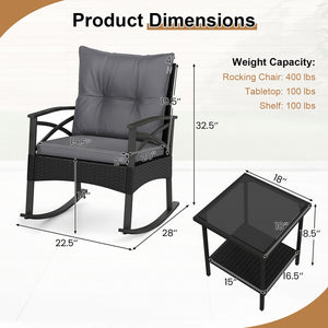 3 Pieces Outdoor Rattan Rocking Chairs Set with  2-Tier Side Table for Garden Backyard-Black and Gray