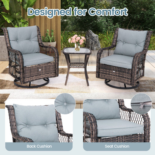 3 Pieces Outdoor Swivel Rocker Set with Small Side Table-Gray
