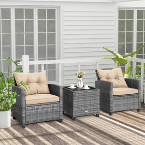3 Pieces Outdoor Wicker Conversation Set with Tempered Glass Tabletop-Beige