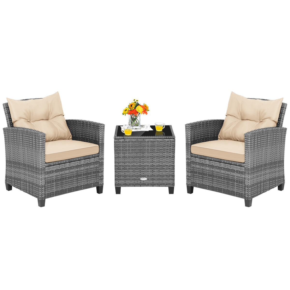 3 Pieces Outdoor Wicker Conversation Set with Tempered Glass Tabletop-Beige