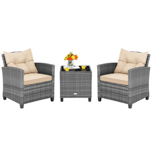 3 Pieces Outdoor Wicker Conversation Set with Tempered Glass Tabletop-Beige
