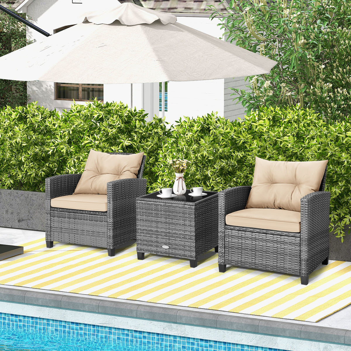 3 Pieces Outdoor Wicker Conversation Set with Tempered Glass Tabletop-Beige