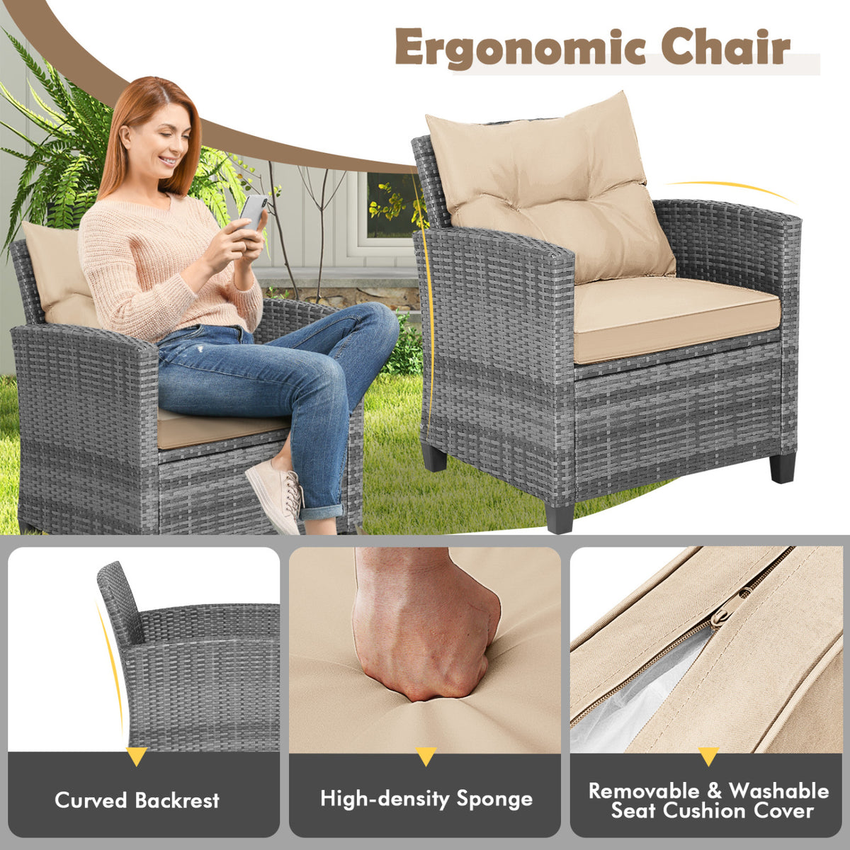 3 Pieces Outdoor Wicker Conversation Set with Tempered Glass Tabletop-Beige
