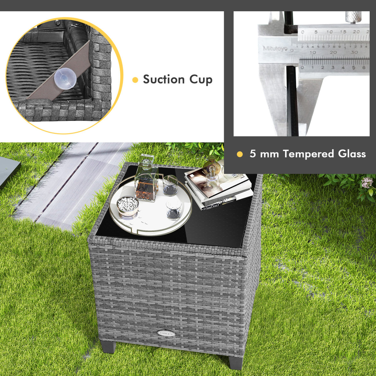 3 Pieces Outdoor Wicker Conversation Set with Tempered Glass Tabletop-Beige