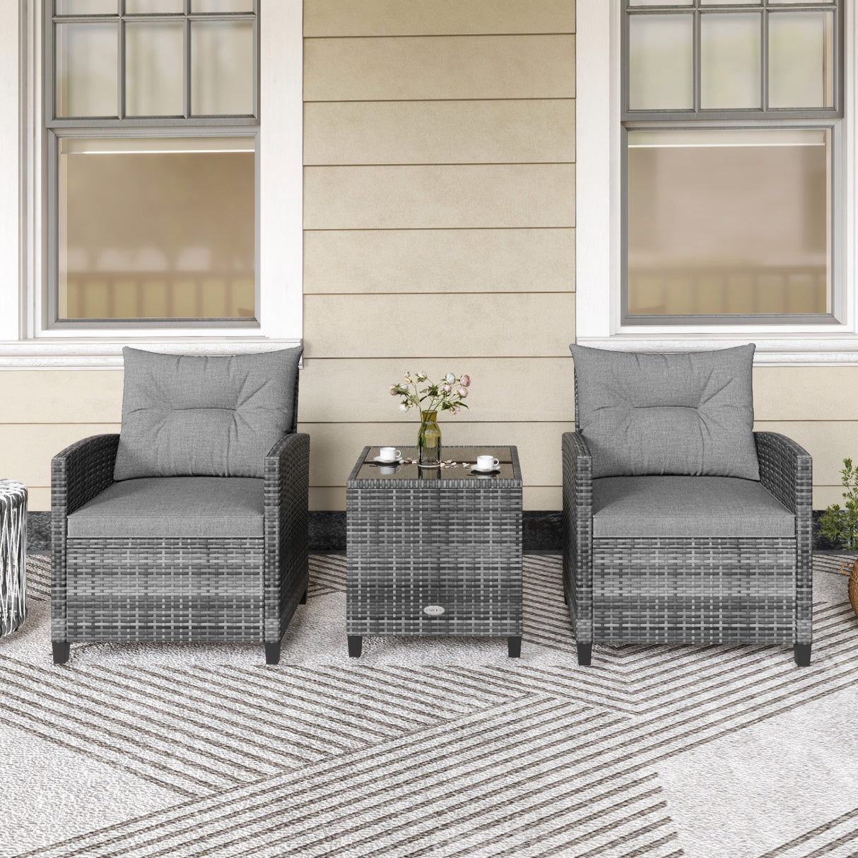 3 Pieces Outdoor Wicker Conversation Set with Tempered Glass Tabletop-Gray