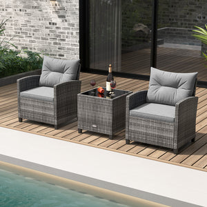 3 Pieces Outdoor Wicker Conversation Set with Tempered Glass Tabletop-Gray
