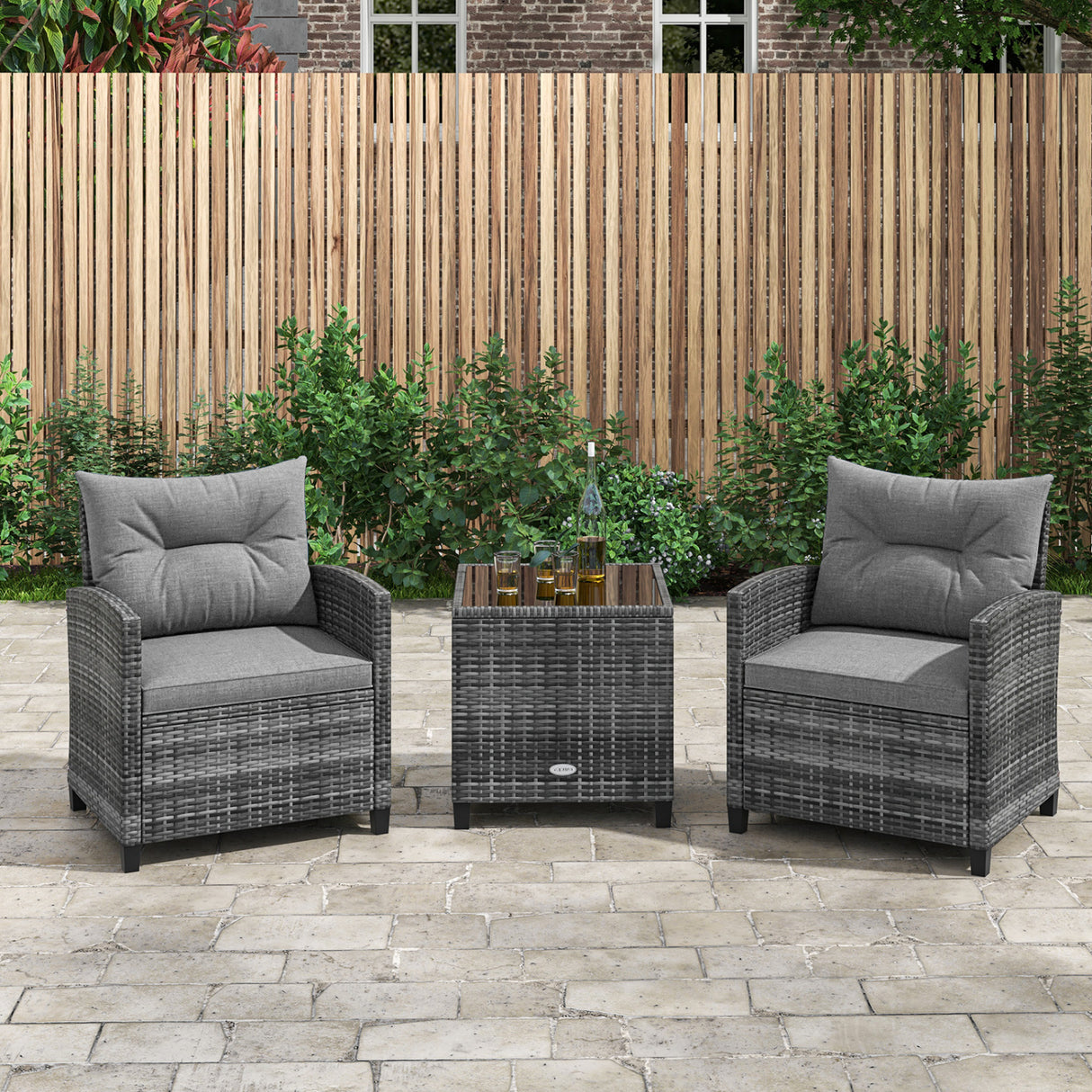 3 Pieces Outdoor Wicker Conversation Set with Tempered Glass Tabletop-Gray