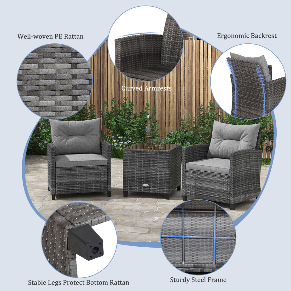 3 Pieces Outdoor Wicker Conversation Set with Tempered Glass Tabletop-Gray