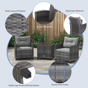 3 Pieces Outdoor Wicker Conversation Set with Tempered Glass Tabletop-Gray