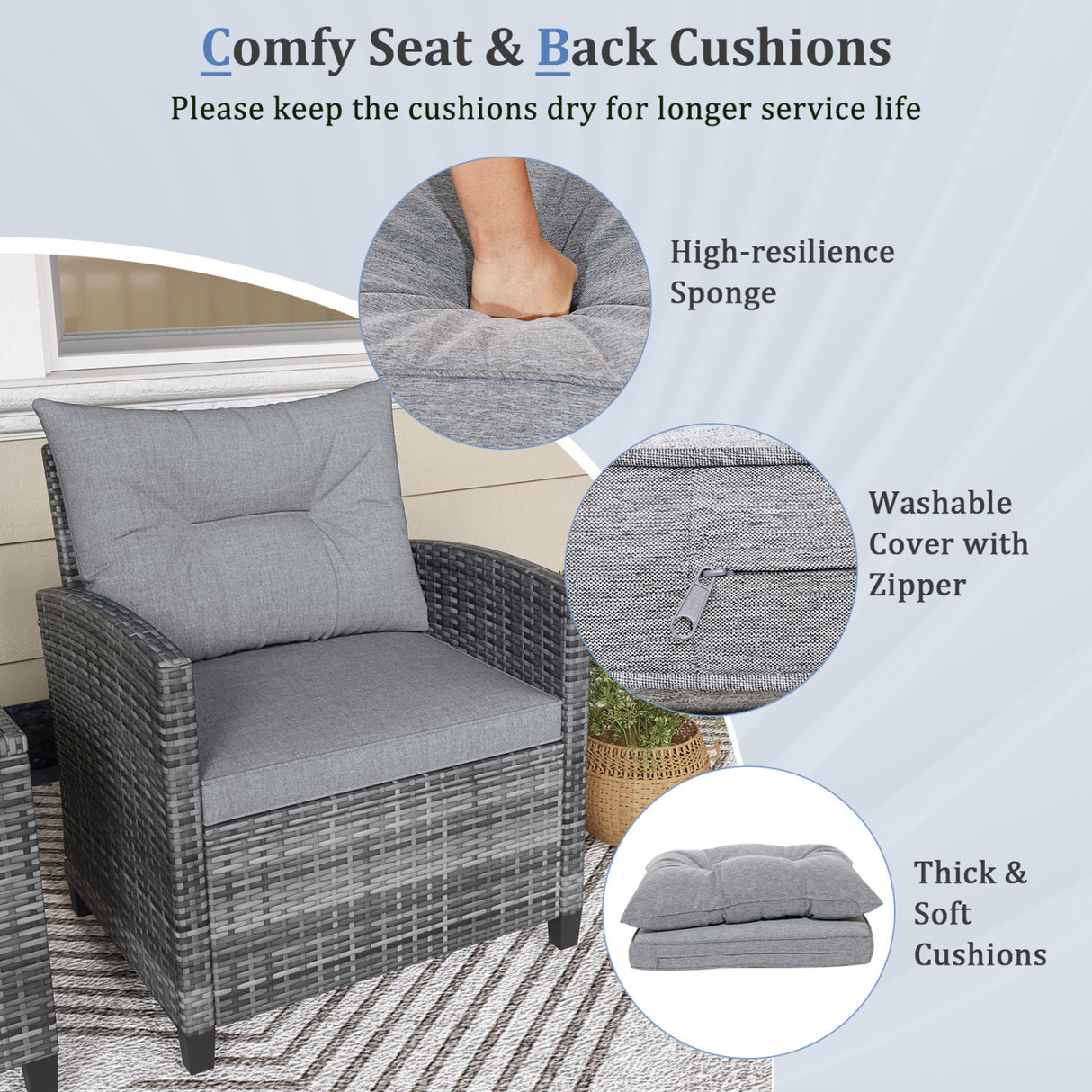 3 Pieces Outdoor Wicker Conversation Set with Tempered Glass Tabletop-Gray