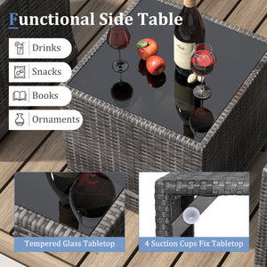 3 Pieces Outdoor Wicker Conversation Set with Tempered Glass Tabletop-Gray