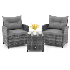 3 Pieces Outdoor Wicker Conversation Set with Tempered Glass Tabletop-Gray