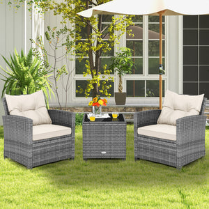 3 Pieces Outdoor Wicker Conversation Set with Tempered Glass Tabletop-White