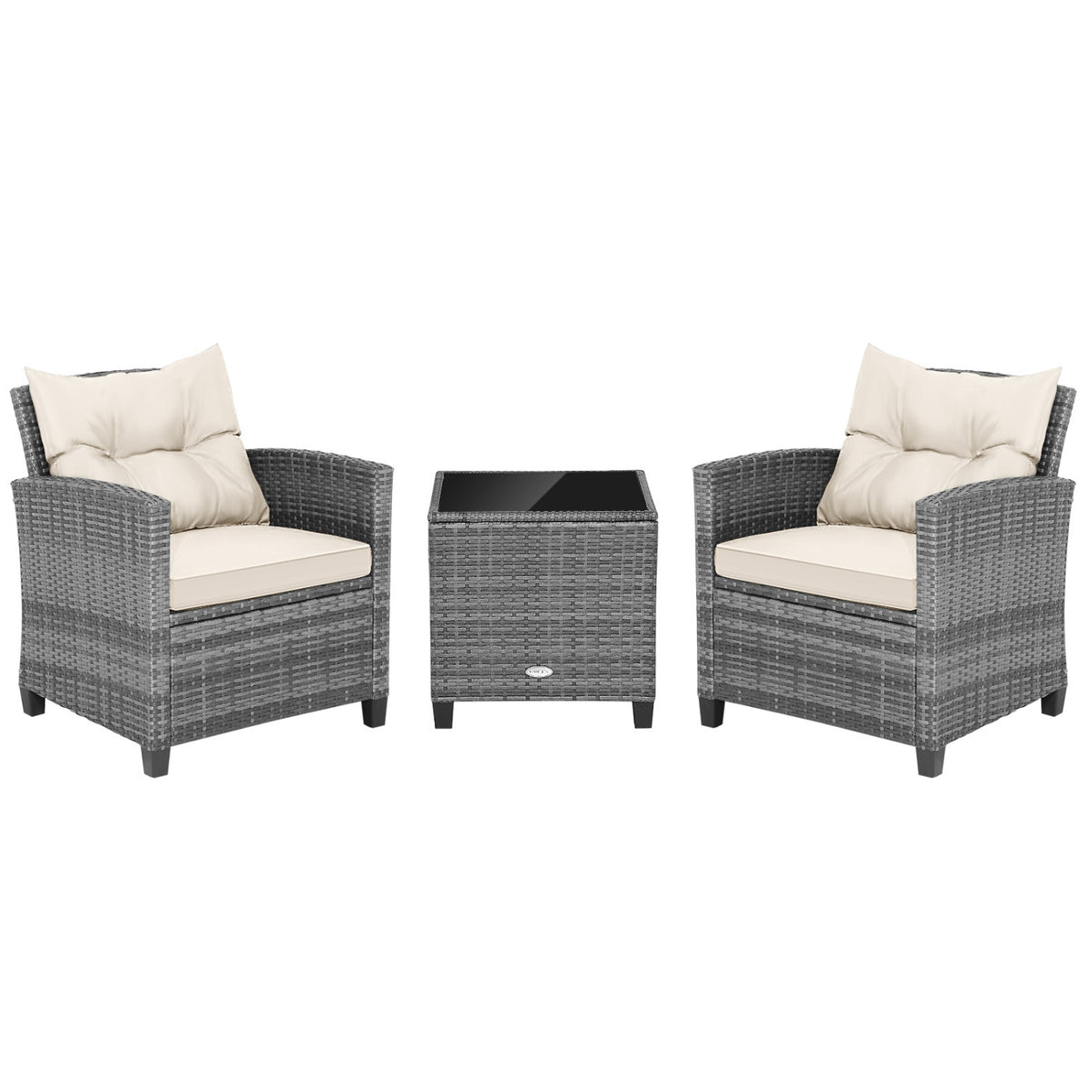 3 Pieces Outdoor Wicker Conversation Set with Tempered Glass Tabletop-White