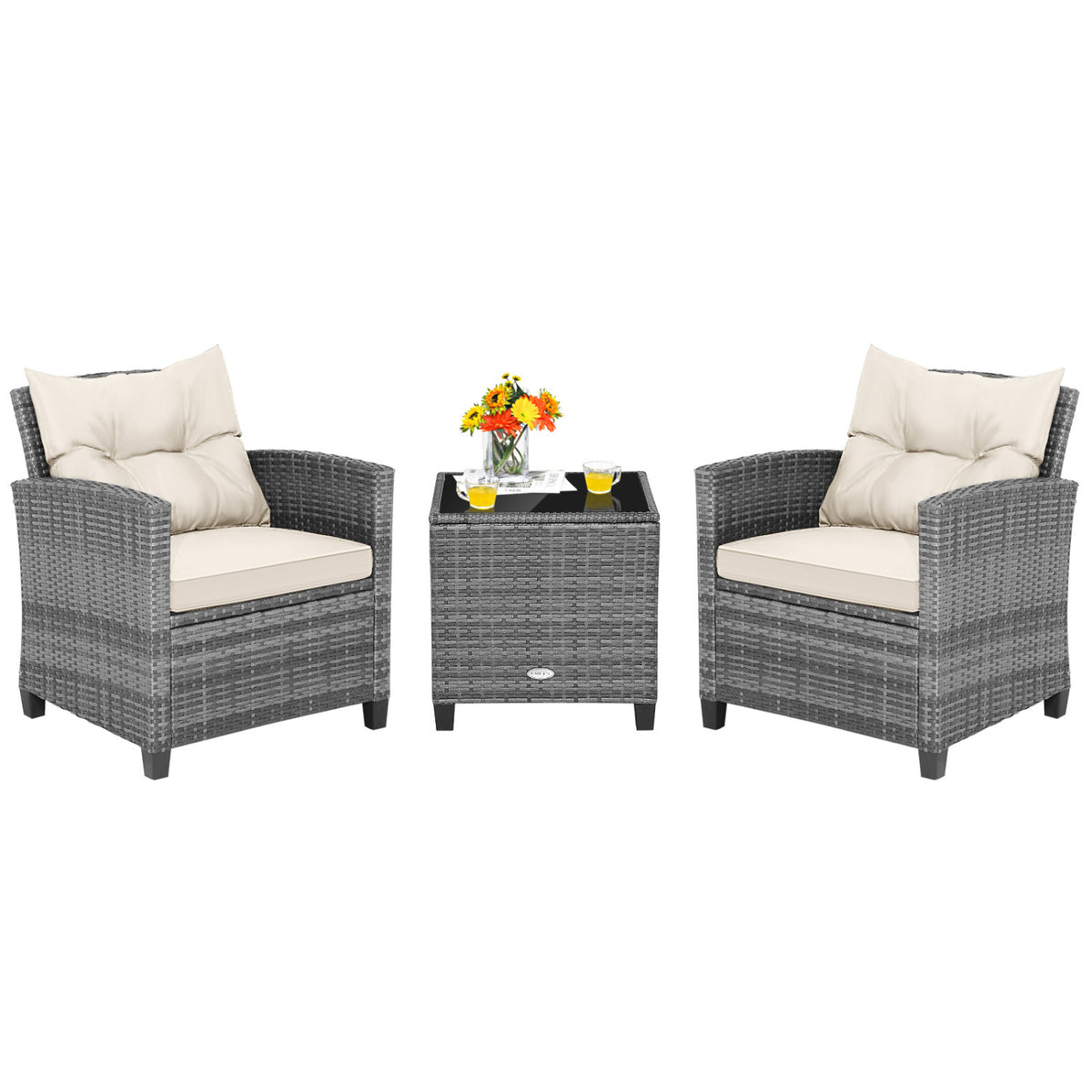 3 Pieces Outdoor Wicker Conversation Set with Tempered Glass Tabletop-White