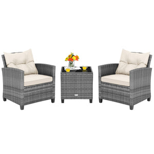 3 Pieces Outdoor Wicker Conversation Set with Tempered Glass Tabletop-White
