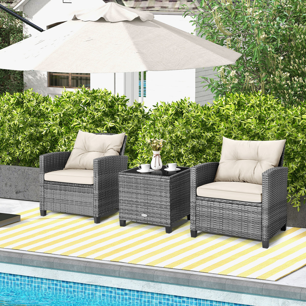 3 Pieces Outdoor Wicker Conversation Set with Tempered Glass Tabletop-White