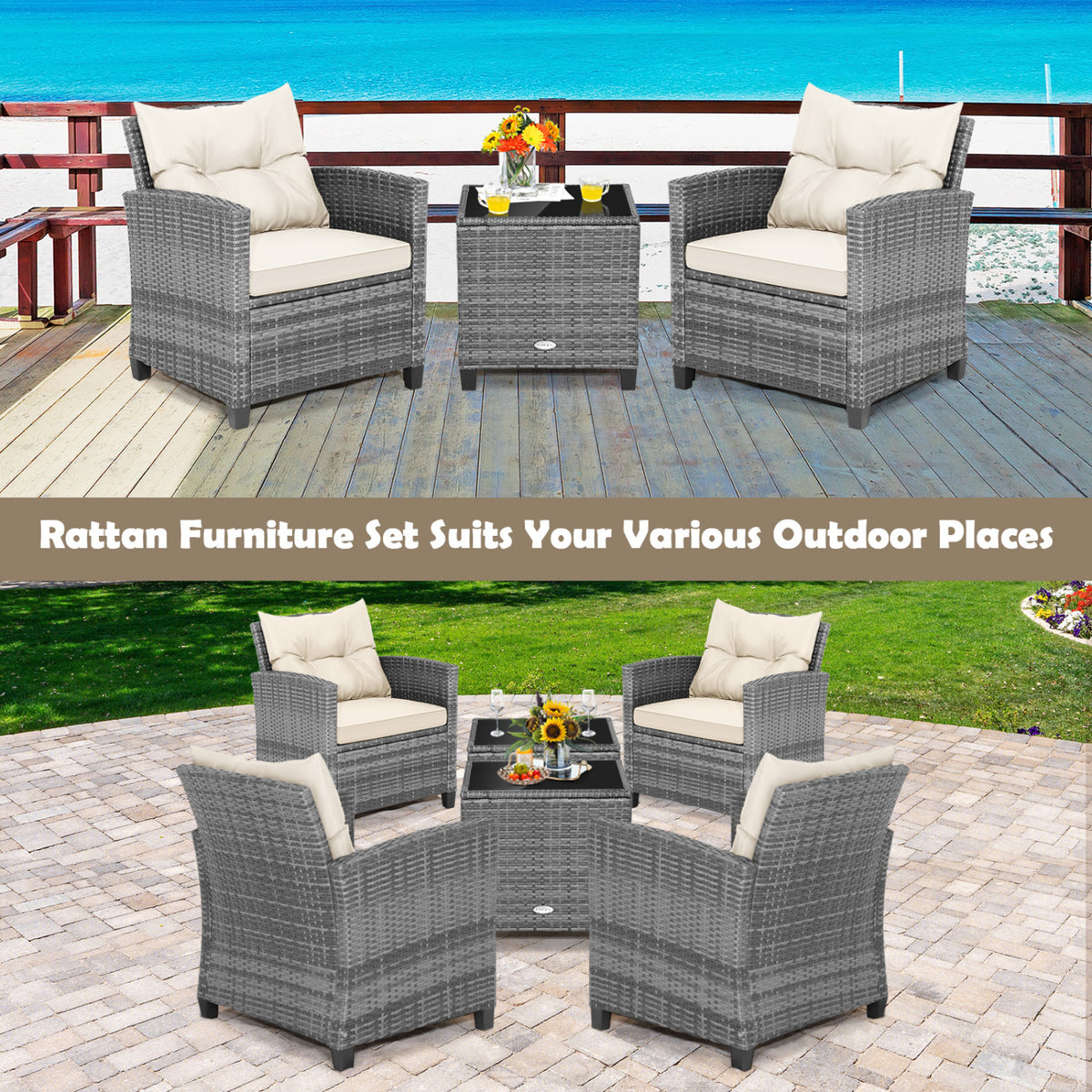 3 Pieces Outdoor Wicker Conversation Set with Tempered Glass Tabletop-White