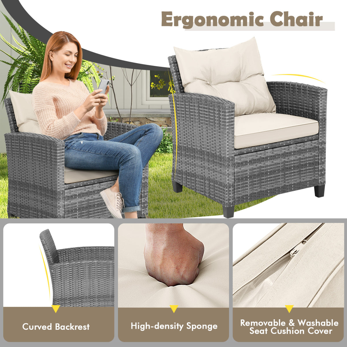 3 Pieces Outdoor Wicker Conversation Set with Tempered Glass Tabletop-White
