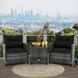 3 Pieces Outdoor Wicker Conversation Set with Tempered Glass Tabletop-Black