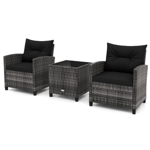 3 Pieces Outdoor Wicker Conversation Set with Tempered Glass Tabletop-Black