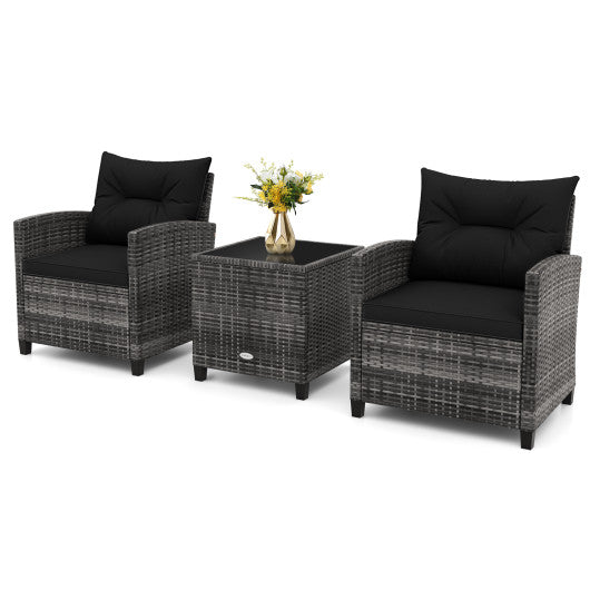 3 Pieces Outdoor Wicker Conversation Set with Tempered Glass Tabletop-Black