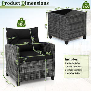 3 Pieces Outdoor Wicker Conversation Set with Tempered Glass Tabletop-Black