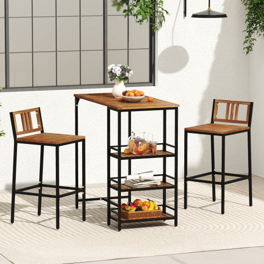 3 Pieces Outdoor Wood Bar Set with 3-Tier Storage Shelf and Metal Frame