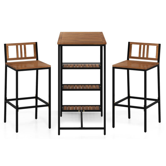 3 Pieces Outdoor Wood Bar Set with 3-Tier Storage Shelf and Metal Frame