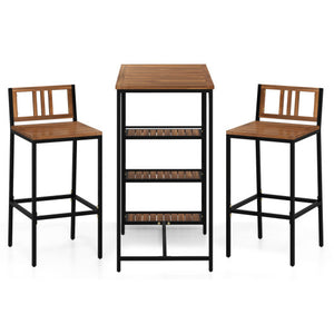 3 Pieces Outdoor Wood Bar Set with 3-Tier Storage Shelf and Metal Frame
