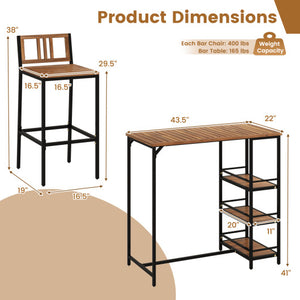 3 Pieces Outdoor Wood Bar Set with 3-Tier Storage Shelf and Metal Frame