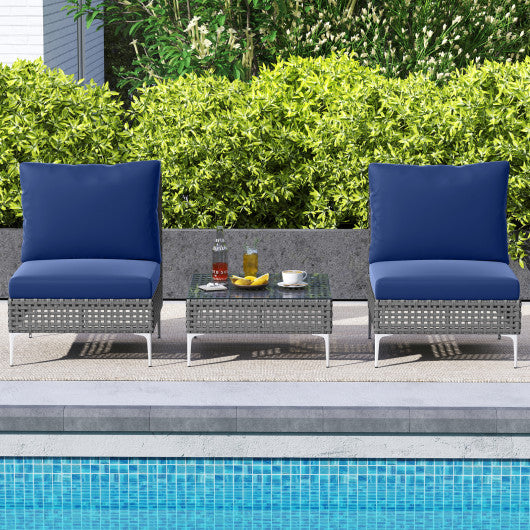3 Pieces PE Rattan Conversation Chairs with Tempered Glass Coffee Table for Garden Porch-Navy