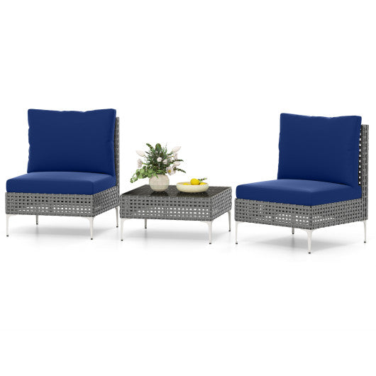 3 Pieces PE Rattan Conversation Chairs with Tempered Glass Coffee Table for Garden Porch-Navy