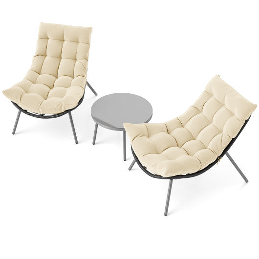 3 Pieces PE Rattan Conversation Set with Cushioned Papasan Chairs-Beige