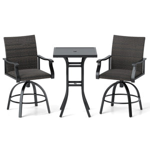 3 Pieces PE Wicker Patio Swivel Bar Set with Quick-Drying Foam-Black