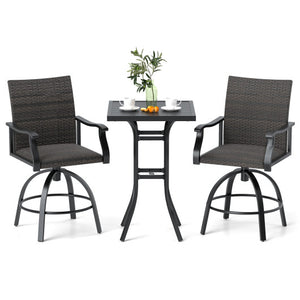 3 Pieces PE Wicker Patio Swivel Bar Set with Quick-Drying Foam-Black