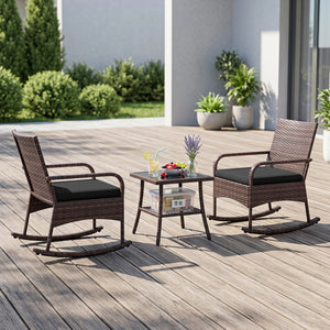 3 Pieces PE Wicker Rocking Bistro Set with 2-Tier Side Table Cushions and Ergonomic Armchairs for Porch-Black