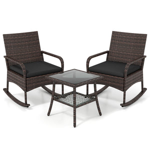 3 Pieces PE Wicker Rocking Bistro Set with 2-Tier Side Table Cushions and Ergonomic Armchairs for Porch-Black