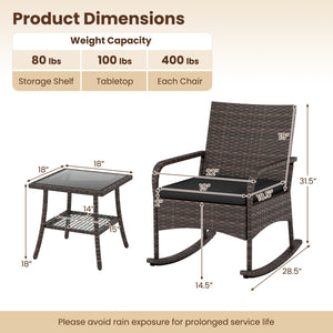 3 Pieces PE Wicker Rocking Bistro Set with 2-Tier Side Table Cushions and Ergonomic Armchairs for Porch-Black