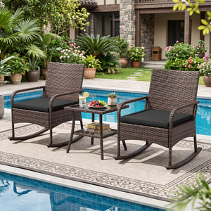 3 Pieces PE Wicker Rocking Bistro Set with 2-Tier Side Table Cushions and Ergonomic Armchairs for Porch-Black