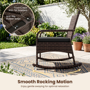 3 Pieces PE Wicker Rocking Bistro Set with 2-Tier Side Table Cushions and Ergonomic Armchairs for Porch-Black