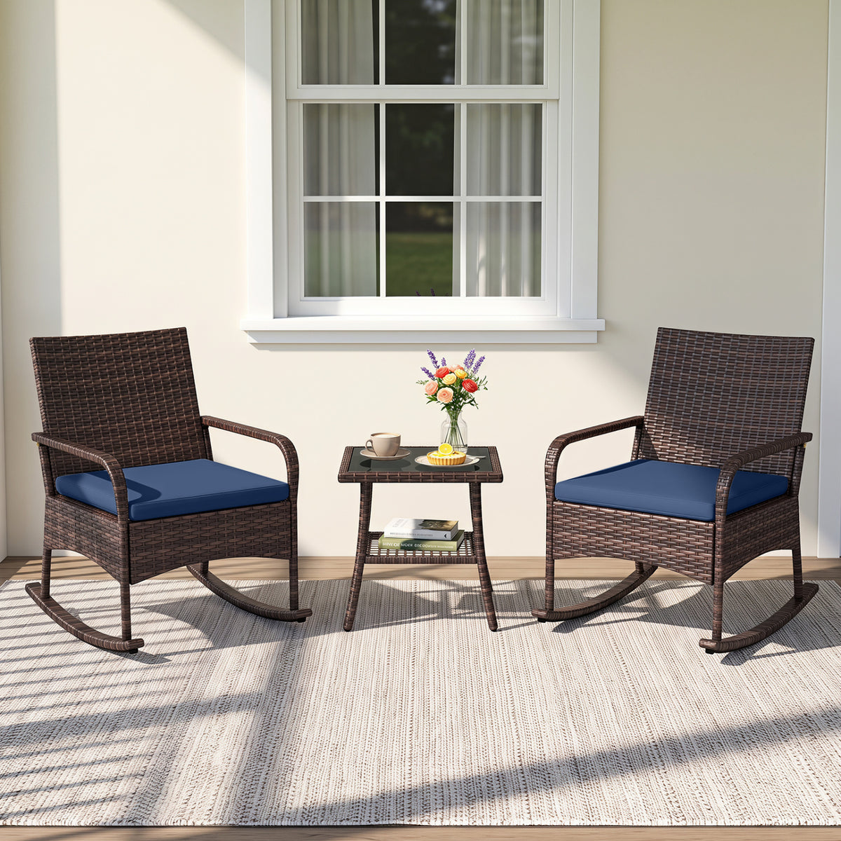3 Pieces PE Wicker Rocking Bistro Set with 2-Tier Side Table Cushions and Ergonomic Armchairs for Porch-Navy