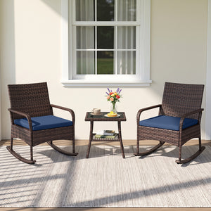 3 Pieces PE Wicker Rocking Bistro Set with 2-Tier Side Table Cushions and Ergonomic Armchairs for Porch-Navy