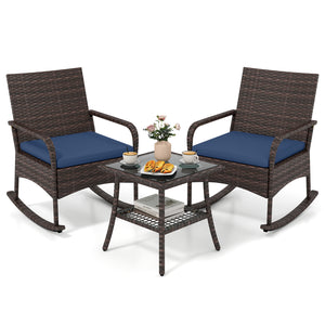3 Pieces PE Wicker Rocking Bistro Set with 2-Tier Side Table Cushions and Ergonomic Armchairs for Porch-Navy