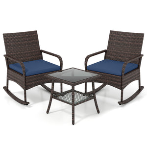 3 Pieces PE Wicker Rocking Bistro Set with 2-Tier Side Table Cushions and Ergonomic Armchairs for Porch-Navy