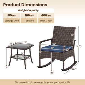 3 Pieces PE Wicker Rocking Bistro Set with 2-Tier Side Table Cushions and Ergonomic Armchairs for Porch-Navy