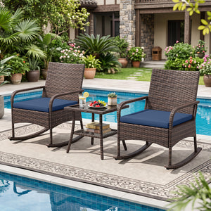 3 Pieces PE Wicker Rocking Bistro Set with 2-Tier Side Table Cushions and Ergonomic Armchairs for Porch-Navy